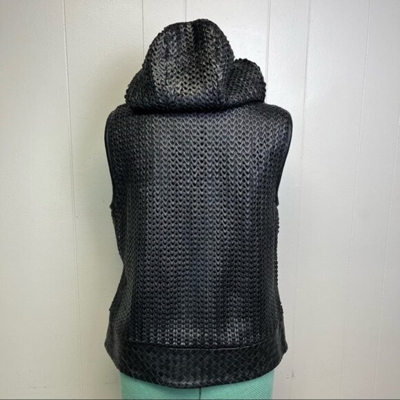 Vintage 80s Woven Braided Black Leather Jacket Sleeveless Hooded Vest Size Large - Picture 2 of 14